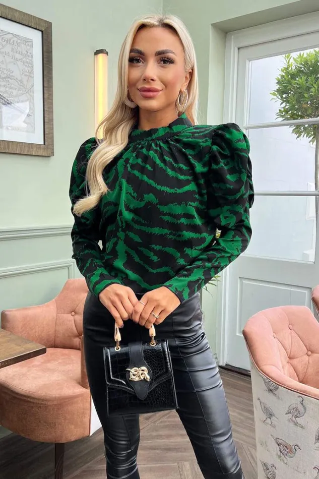 AX Paris Green Printed High Neck Long Puff Sleeve Top Women Tops