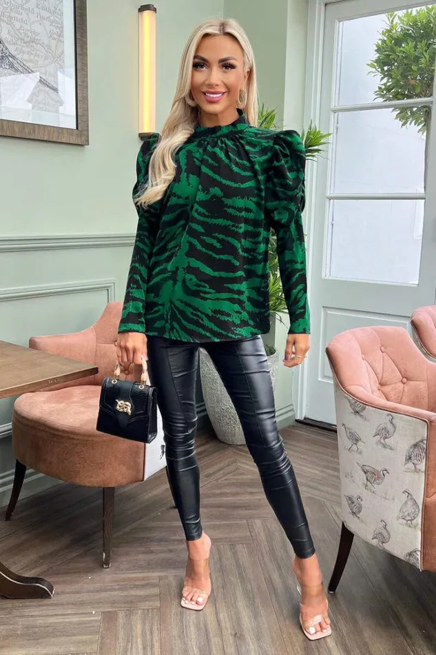 AX Paris Green Printed High Neck Long Puff Sleeve Top Women Tops