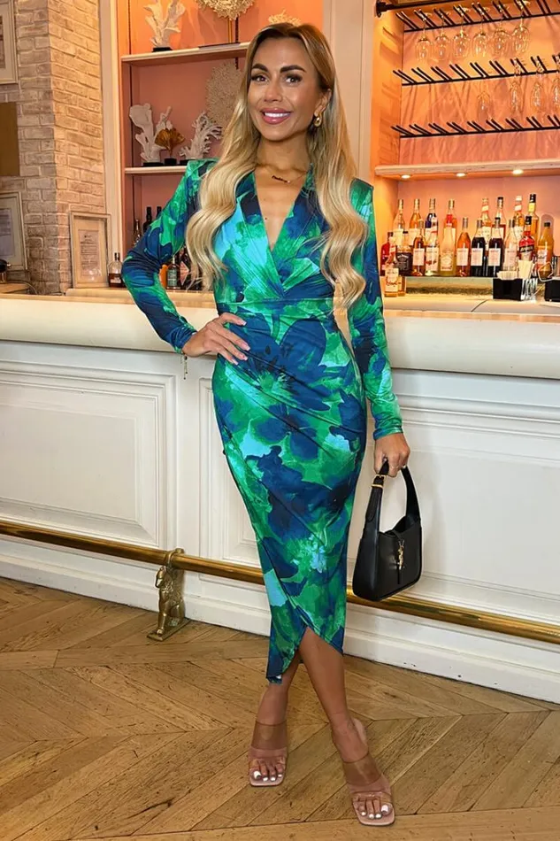 AX Paris Green Printed Long Sleeve Wrap Midi Dress Women Dresses