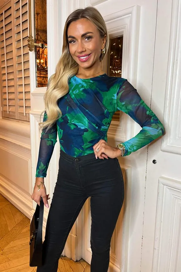 AX Paris Green Printed Mesh Long Sleeve Bodysuit Women Bodysuits