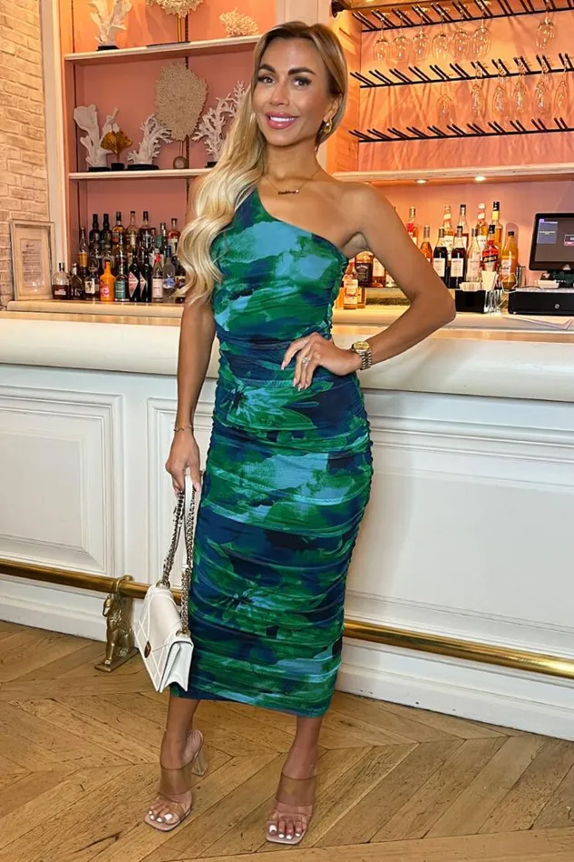 AX Paris Green Printed Mesh One Shoulder Bodycon Midi Dress Women Dresses