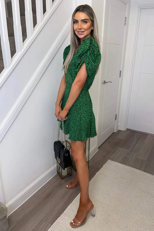 AX Paris Green Printed Puff Sleeve Pleated Mini Dress Women Dresses