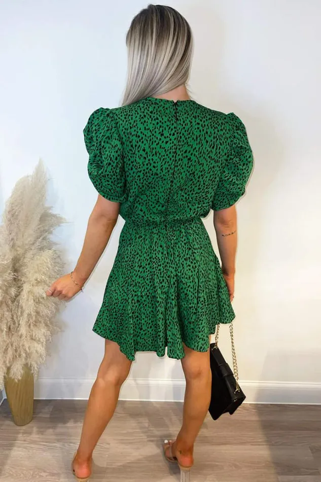AX Paris Green Printed Puff Sleeve Pleated Mini Dress Women Dresses
