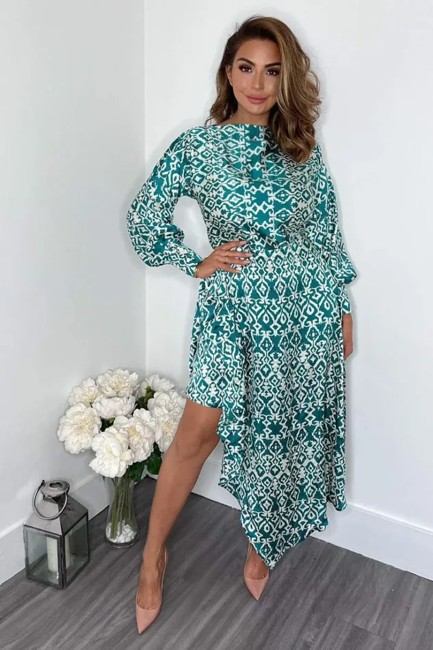 AX Paris Green Printed Satin High Low Skirt Midi Dress Women Dresses