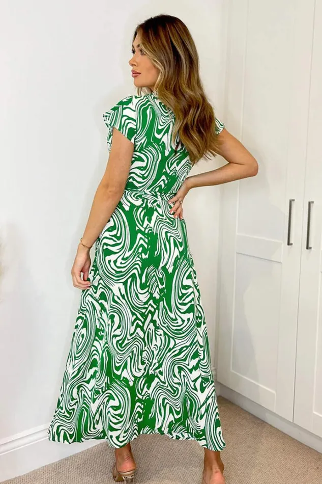 AX Paris Green Printed Short Sleeve Belted Midi Shirt Dress Women Dresses