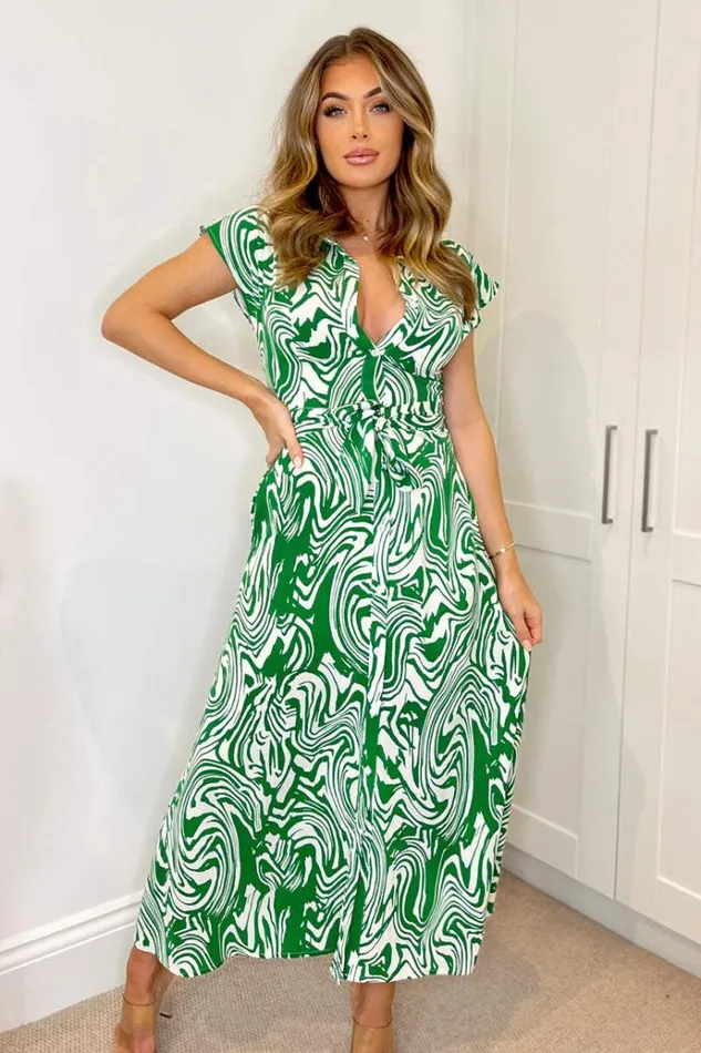 AX Paris Green Printed Short Sleeve Belted Midi Shirt Dress Women Dresses