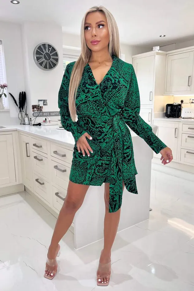 AX Paris Green Printed Tie Wrap Long Sleeve Mini Dress Women Dresses