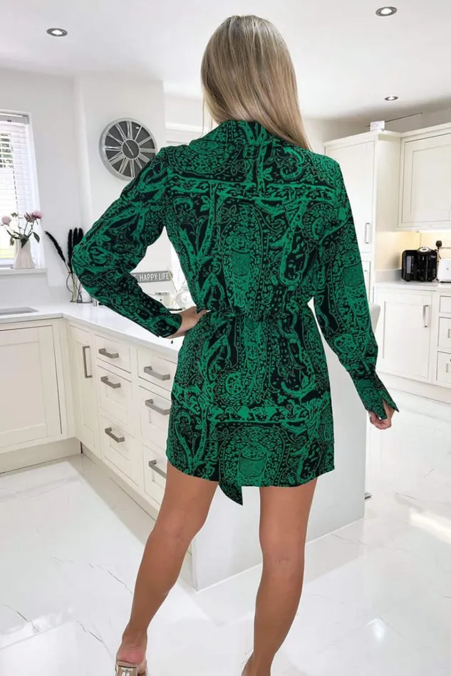 AX Paris Green Printed Tie Wrap Long Sleeve Mini Dress Women Dresses