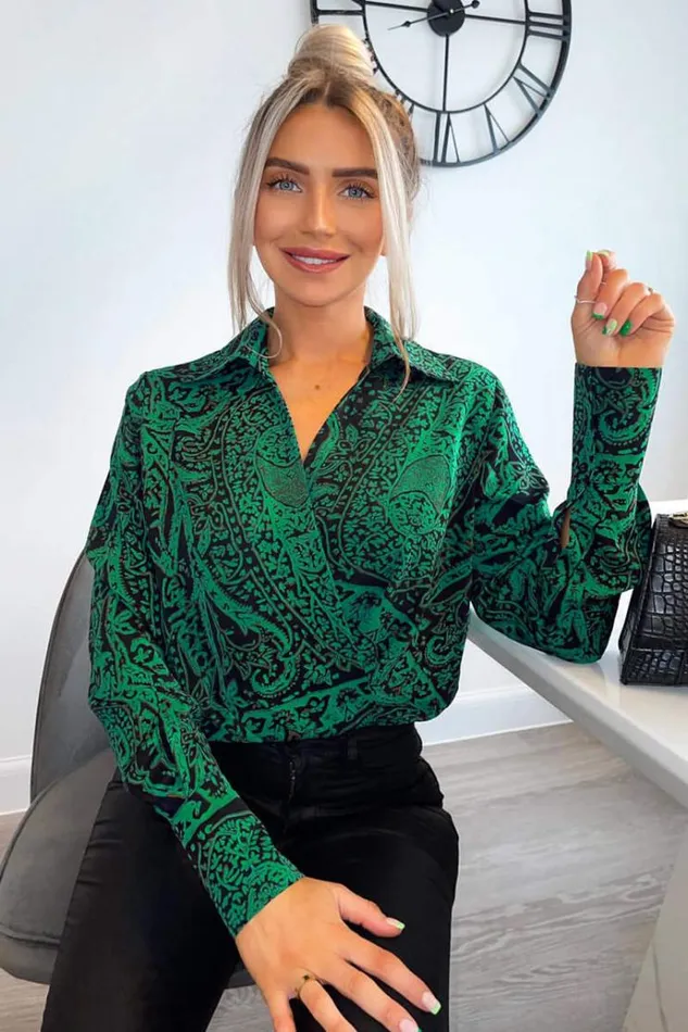 AX Paris Green Printed VNeck Long Sleeve Bodysuit Women Bodysuits