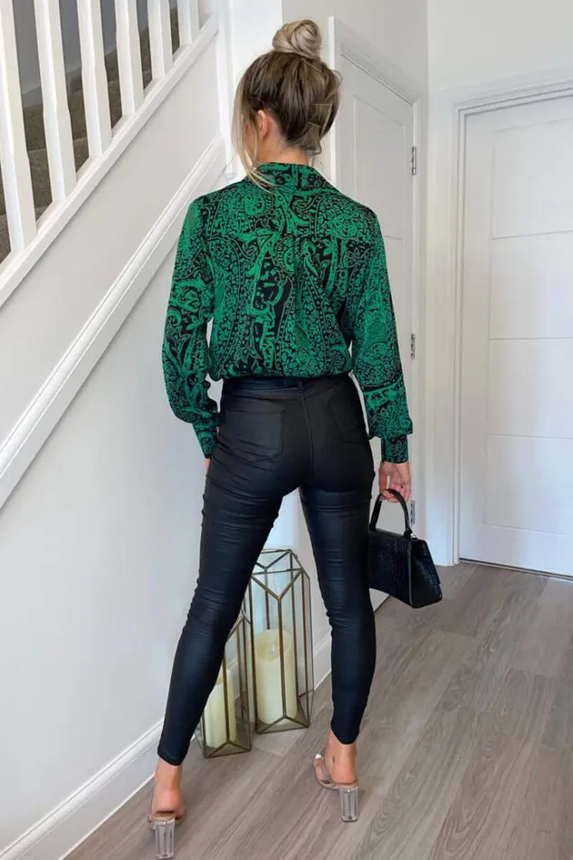 AX Paris Green Printed VNeck Long Sleeve Bodysuit Women Bodysuits