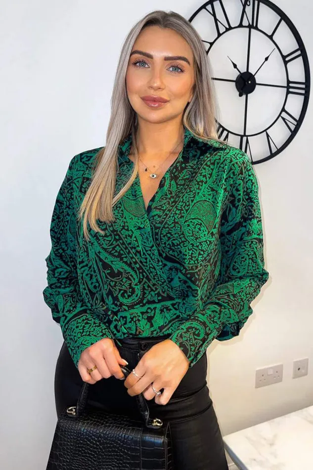 AX Paris Green Printed VNeck Long Sleeve Bodysuit Women Bodysuits
