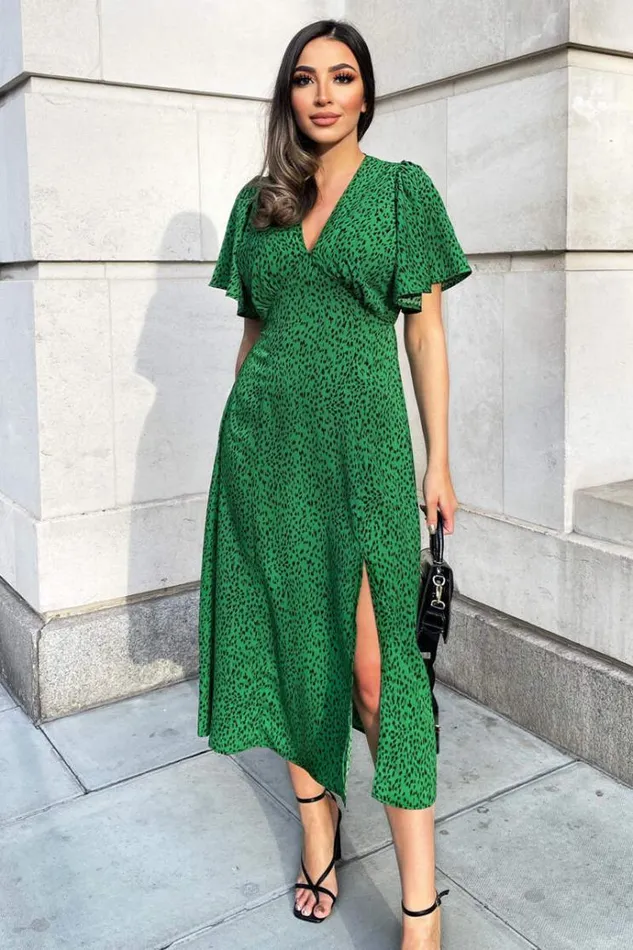 AX Paris Green Printed VNeck Short Sleeve Midi Dress Women Dresses