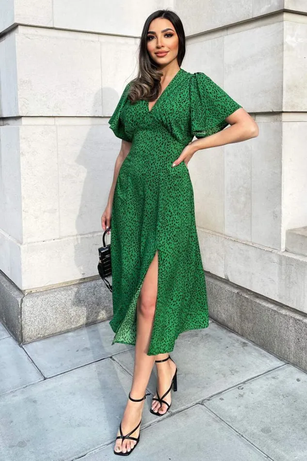 AX Paris Green Printed VNeck Short Sleeve Midi Dress Women Dresses