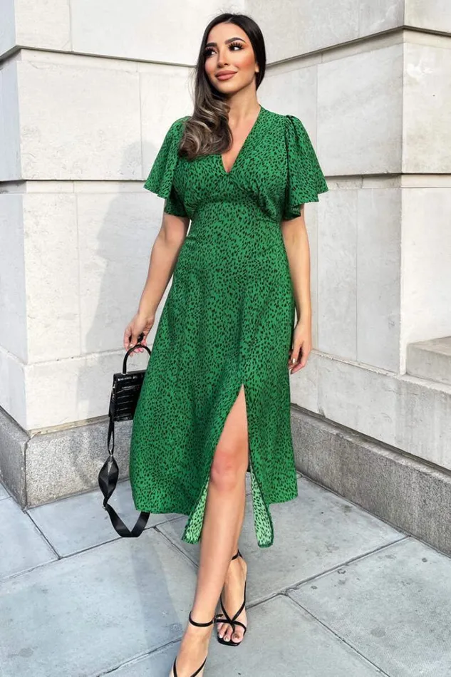 AX Paris Green Printed VNeck Short Sleeve Midi Dress Women Dresses