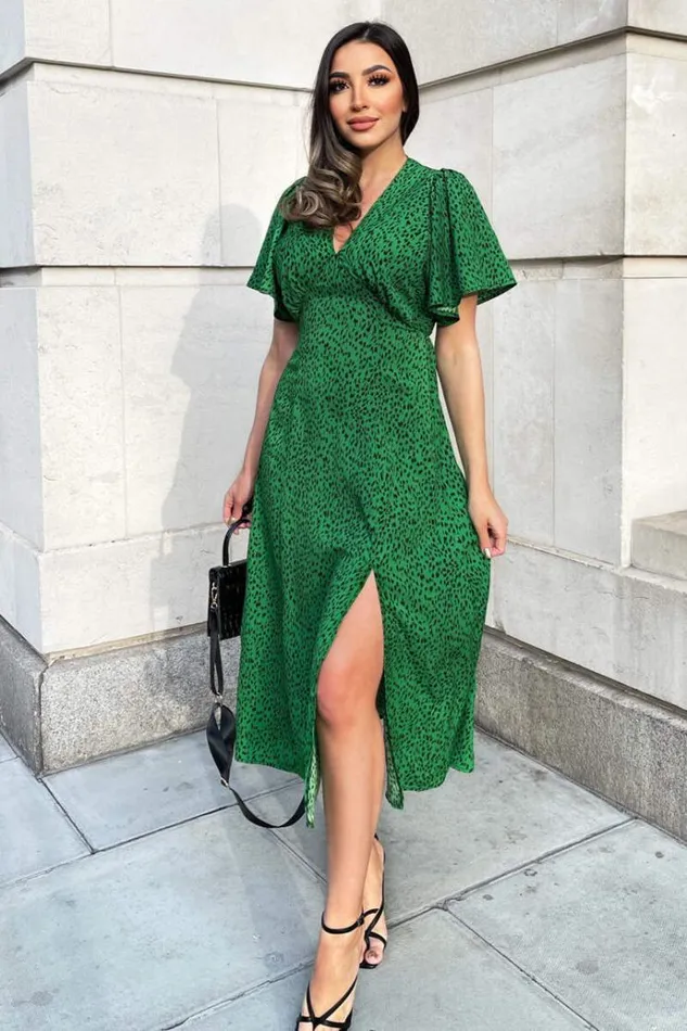 AX Paris Green Printed VNeck Short Sleeve Midi Dress Women Dresses