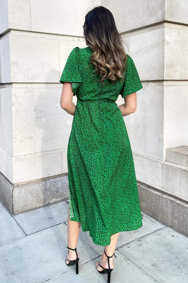 AX Paris Green Printed VNeck Short Sleeve Midi Dress Women Dresses