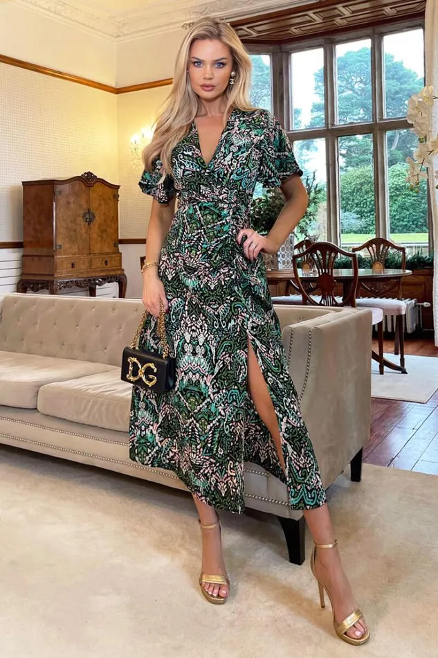 AX Paris Green Printed VNeck Split Skirt Midi Dress Women Dresses