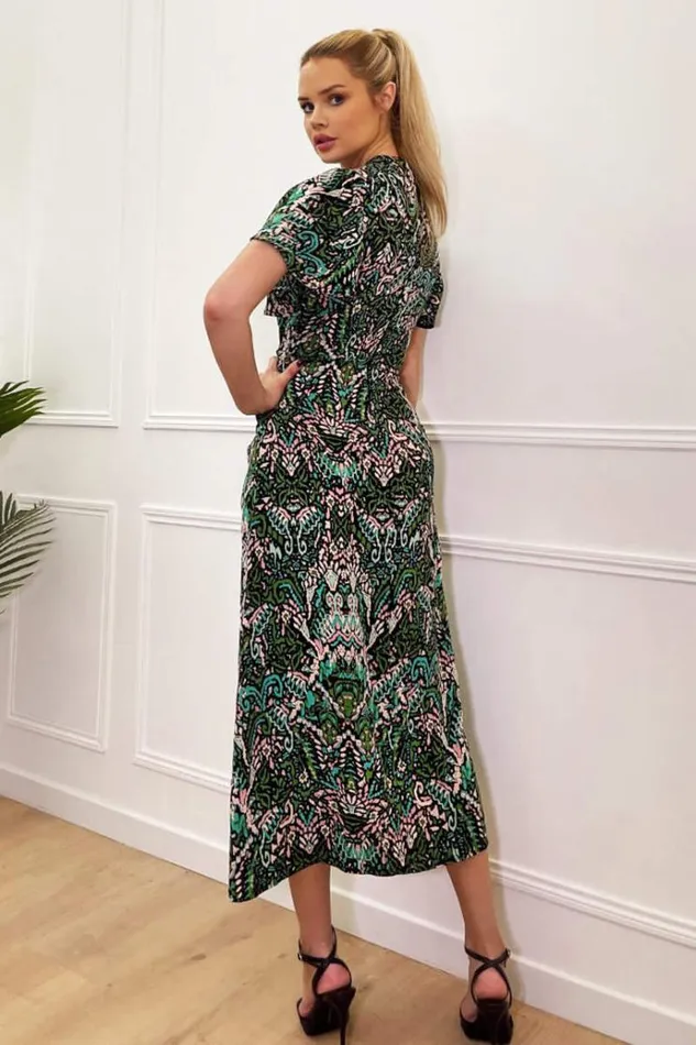 AX Paris Green Printed VNeck Split Skirt Midi Dress Women Dresses