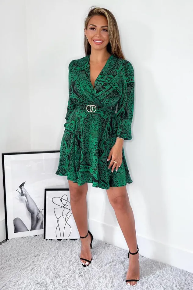 AX Paris Green Printed Wrap Over Belted Long Sleeve Skater Dress Women Dresses