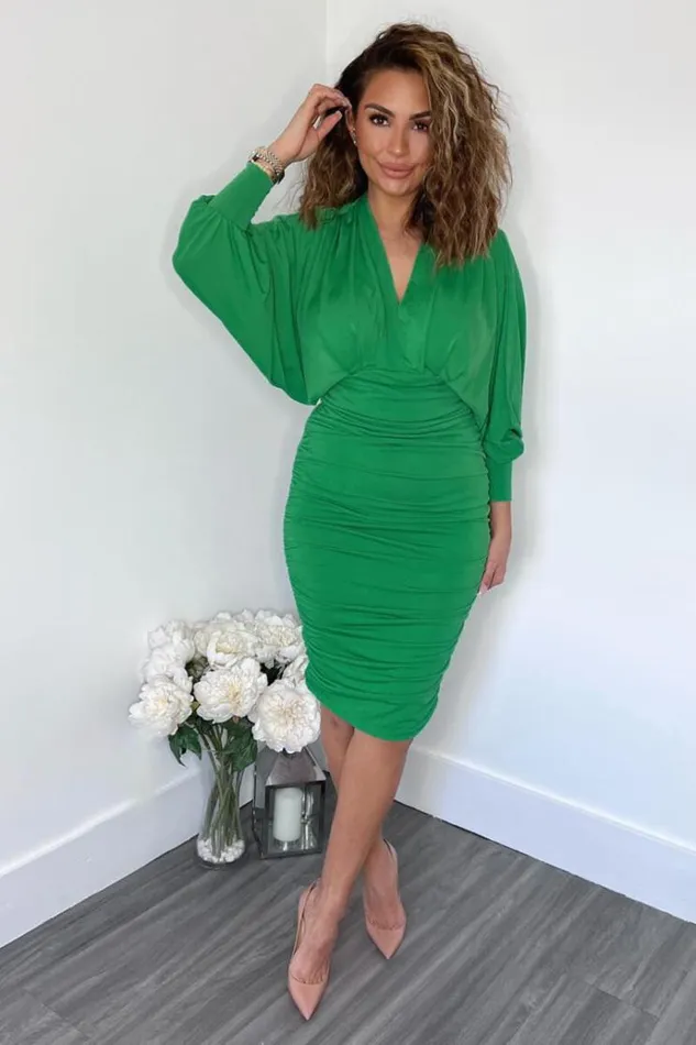 AX Paris Green Ruched Bat Wing Sleeve Midi Dress Women Dresses