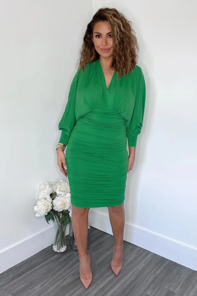 AX Paris Green Ruched Bat Wing Sleeve Midi Dress Women Dresses