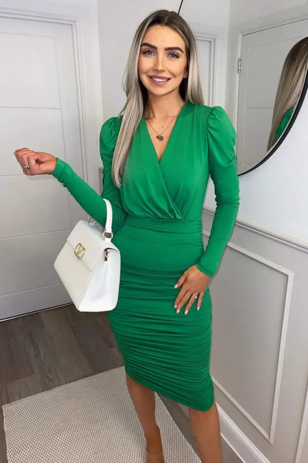 AX Paris Green Ruched Long Sleeve Cross Front Midi Dress Women Dresses