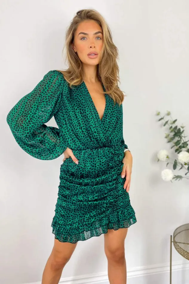 AX Paris Green Ruched Long Sleeve Mini Dress Women Dresses