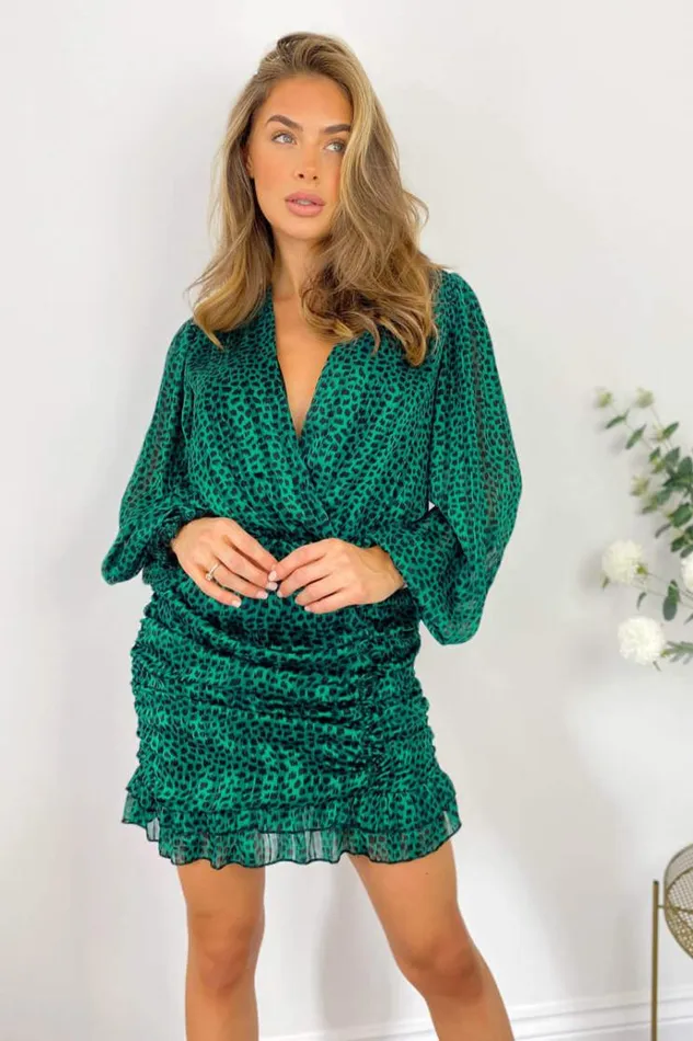 AX Paris Green Ruched Long Sleeve Mini Dress Women Dresses
