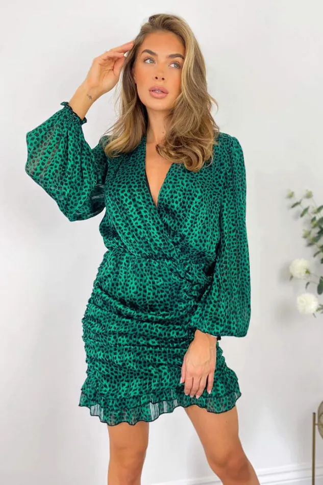 AX Paris Green Ruched Long Sleeve Mini Dress Women Dresses