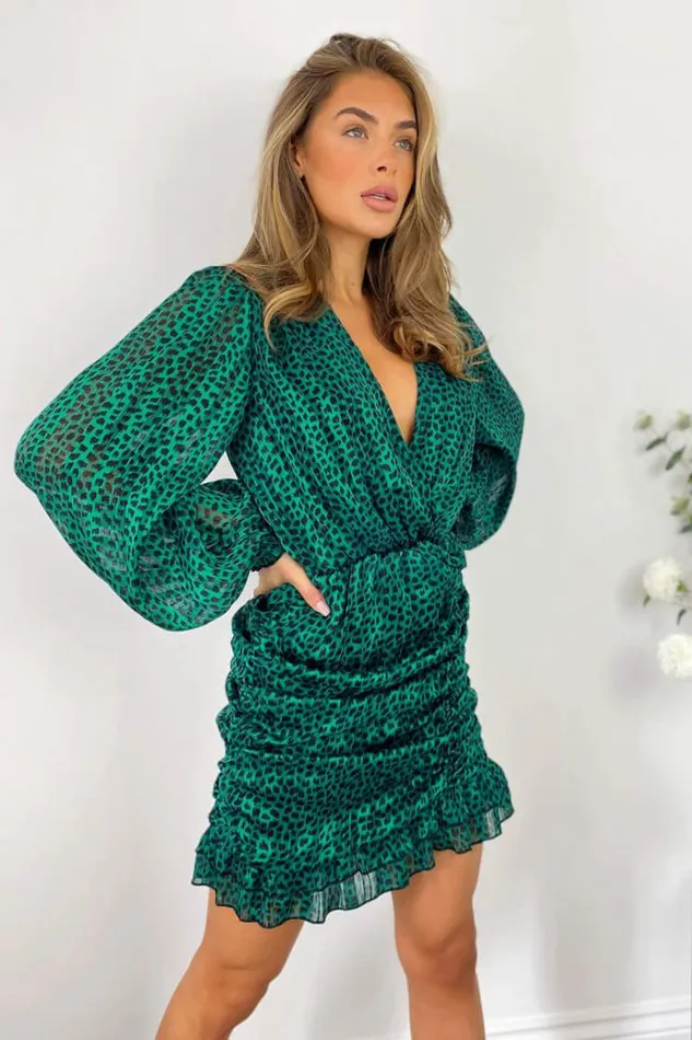 AX Paris Green Ruched Long Sleeve Mini Dress Women Dresses