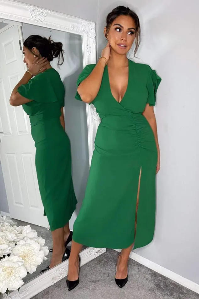 AX Paris Green Ruched Split Leg Midi Dress Women Dresses
