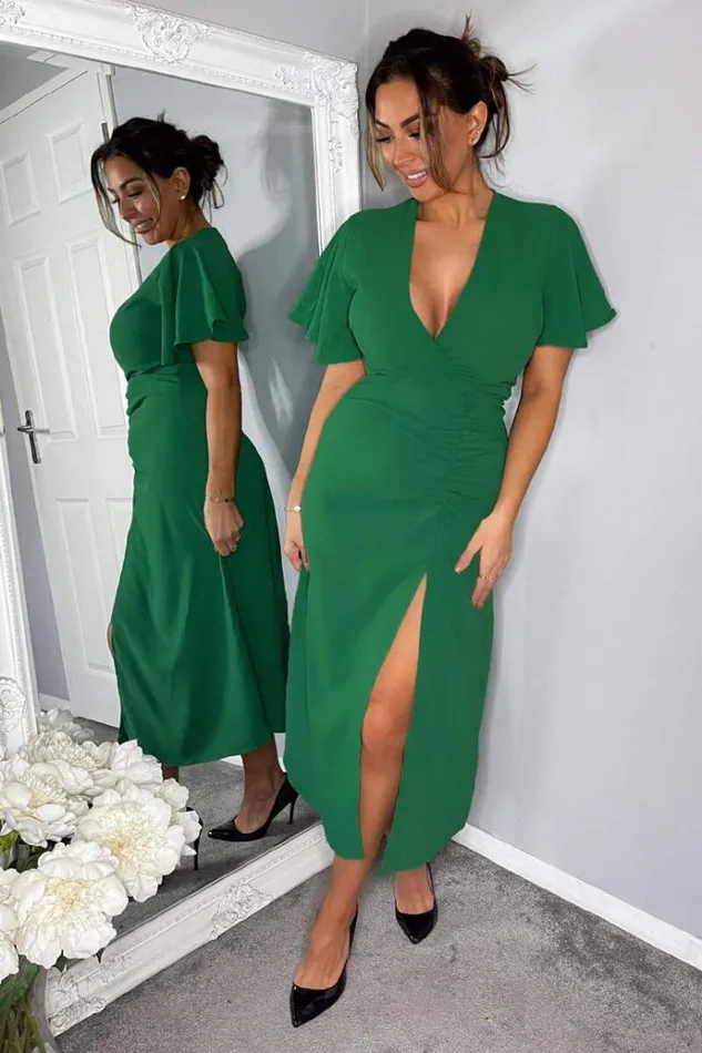 AX Paris Green Ruched Split Leg Midi Dress Women Dresses