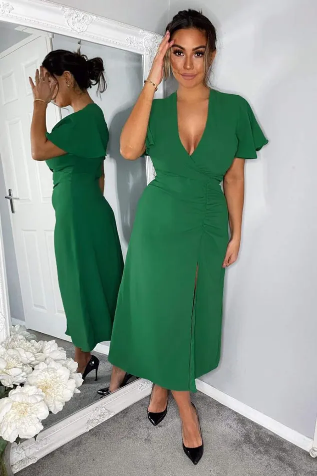 AX Paris Green Ruched Split Leg Midi Dress Women Dresses