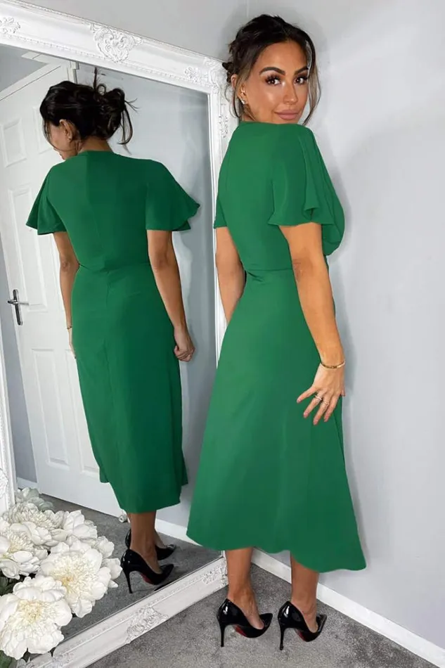 AX Paris Green Ruched Split Leg Midi Dress Women Dresses