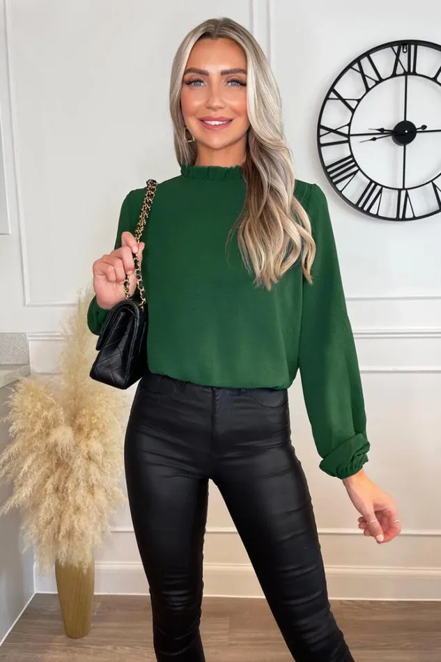 AX Paris Green Ruffle Neck Long Sleeve Top Women Tops