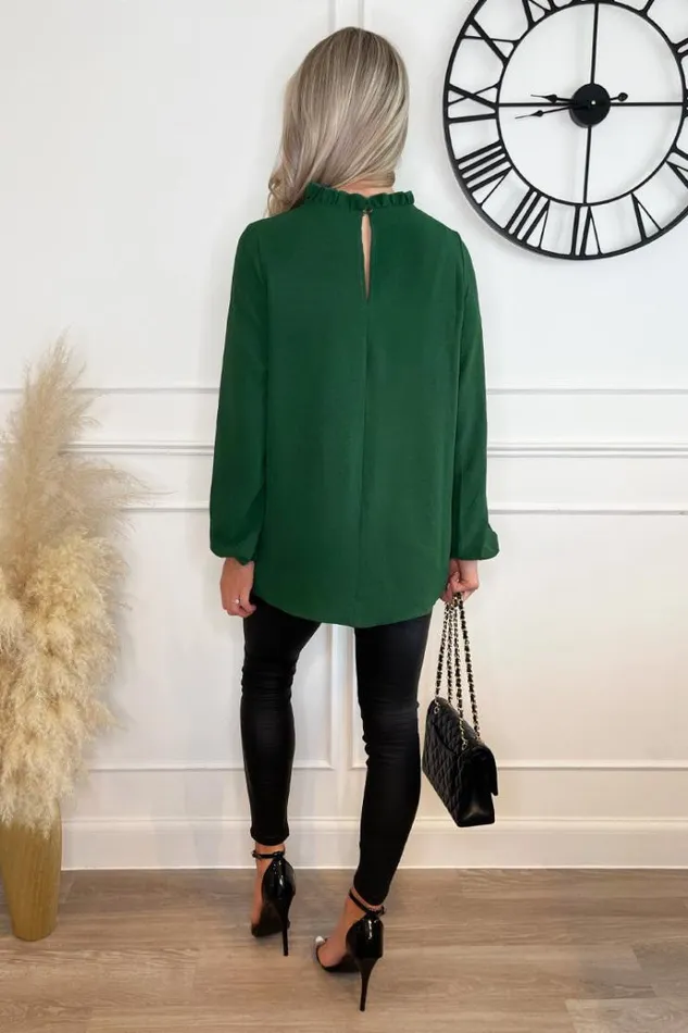 AX Paris Green Ruffle Neck Long Sleeve Top Women Tops