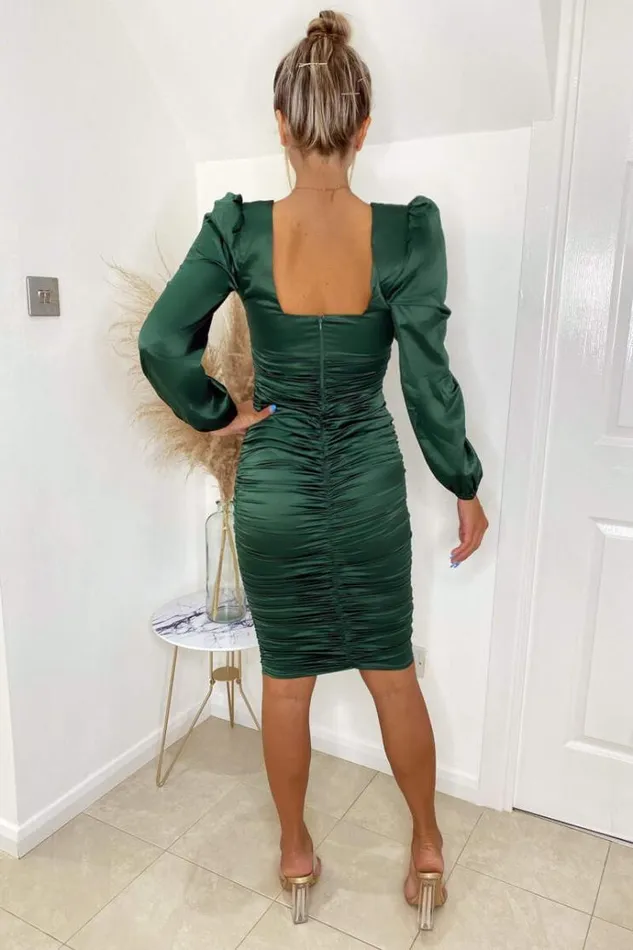 AX Paris Green Satin Square Neck Ruched Dress Women Dresses