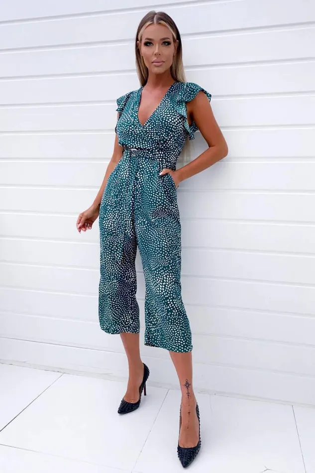 AX Paris Green Spotted Belted Wrap Jumpsuit Women Jumpsuits And Playsuits