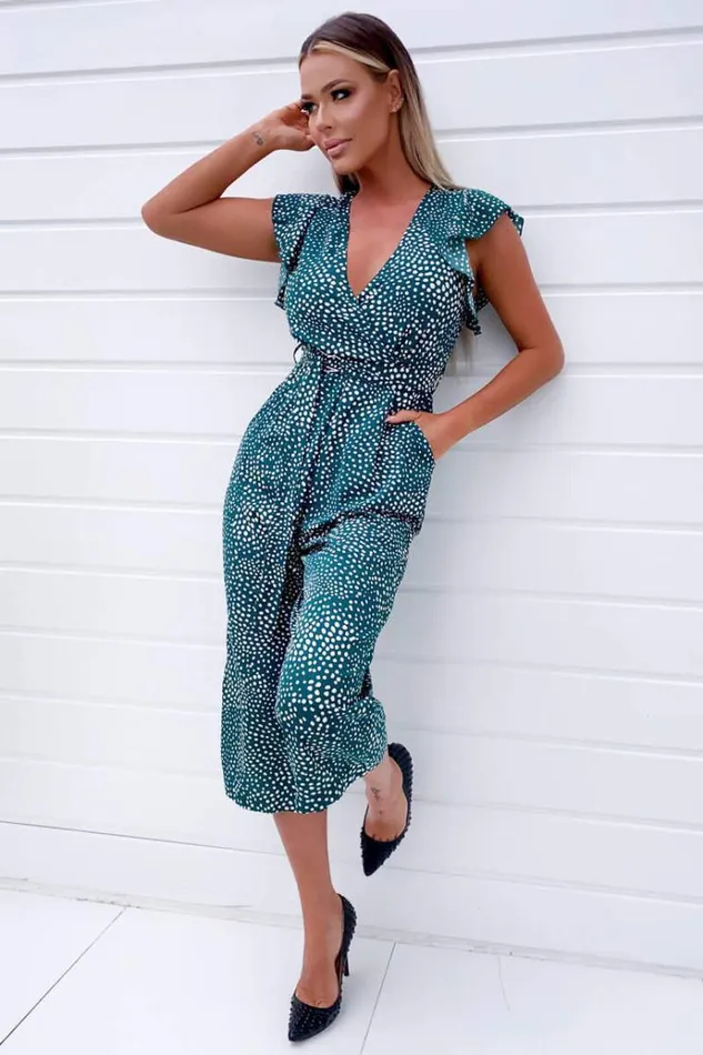 AX Paris Green Spotted Belted Wrap Jumpsuit Women Jumpsuits And Playsuits