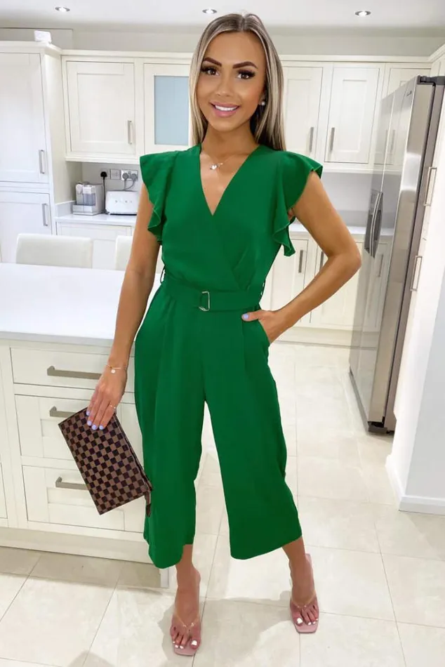 AX Paris Green Wrap Front Belted Jumpsuit Women Jumpsuits And Playsuits