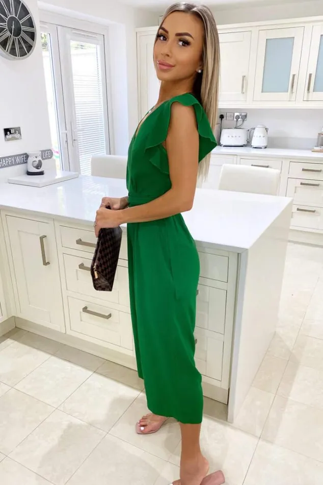 AX Paris Green Wrap Front Belted Jumpsuit Women Jumpsuits And Playsuits
