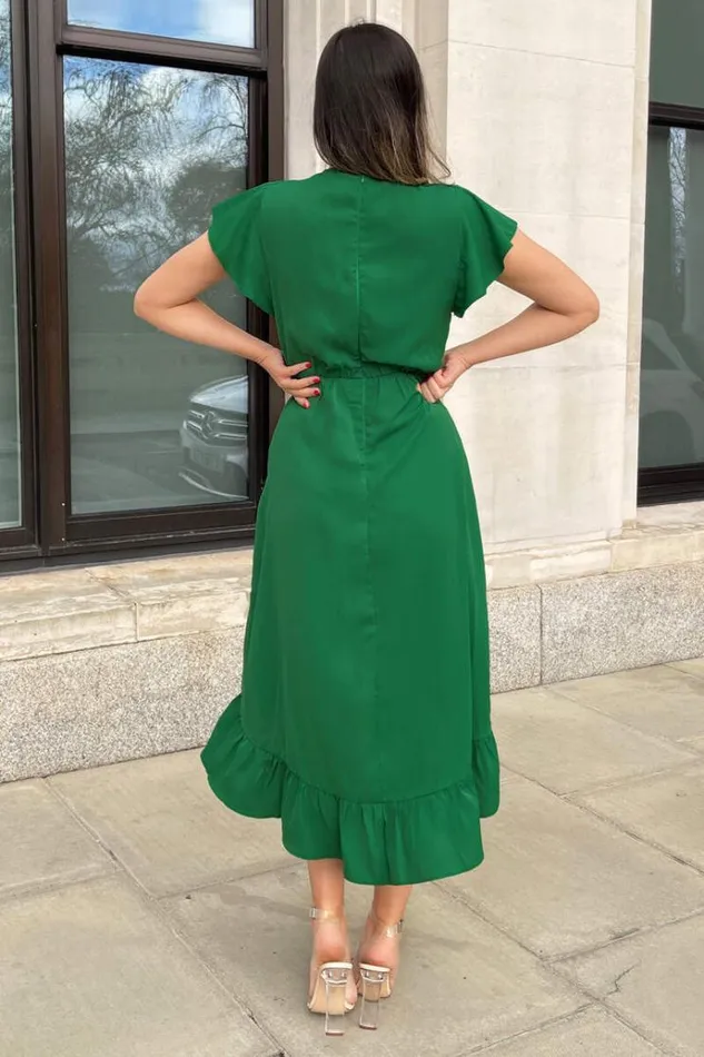 AX Paris Green Wrap Over Frill Hem Short Sleeve Midi Dress Women Dresses