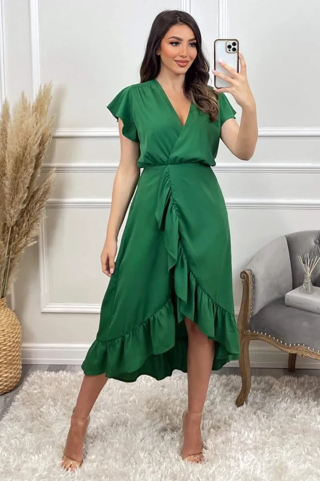 AX Paris Green Wrap Over Frill Hem Short Sleeve Midi Dress Women Dresses