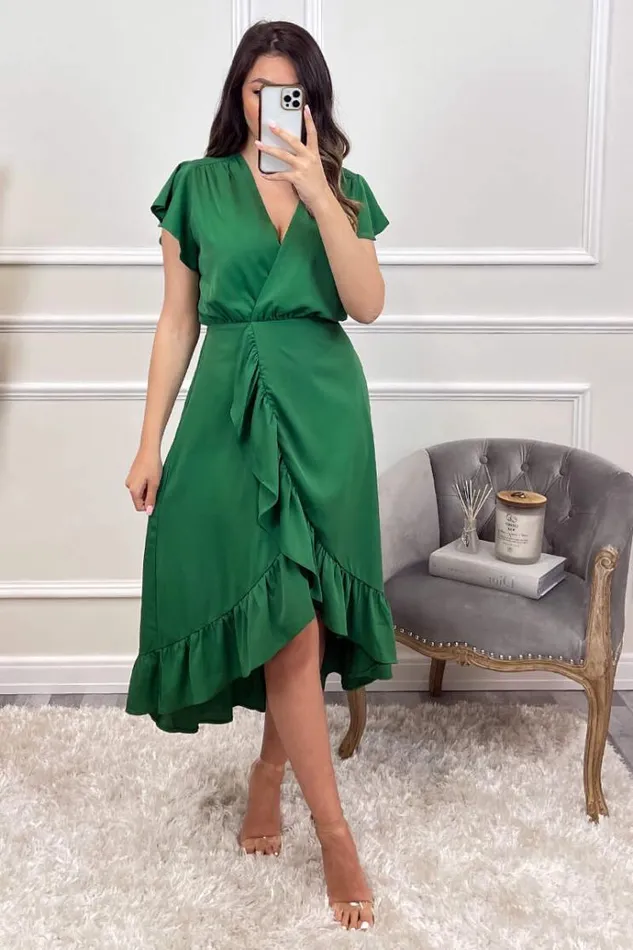 AX Paris Green Wrap Over Frill Hem Short Sleeve Midi Dress Women Dresses