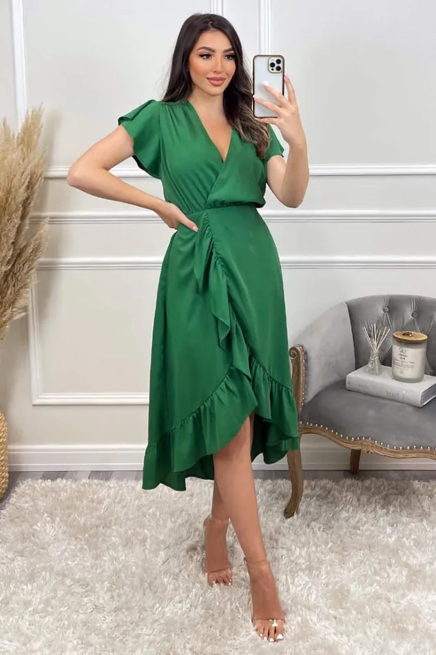 AX Paris Green Wrap Over Frill Hem Short Sleeve Midi Dress Women Dresses