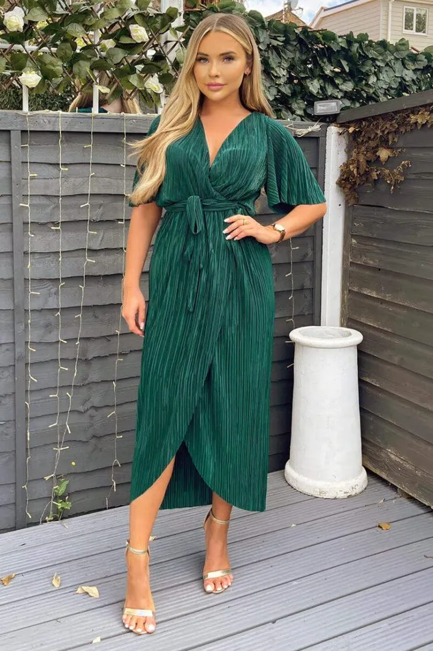 AX Paris Green Wrap Top Belted Short Sleeve Plisse Midi Dress Women Dresses