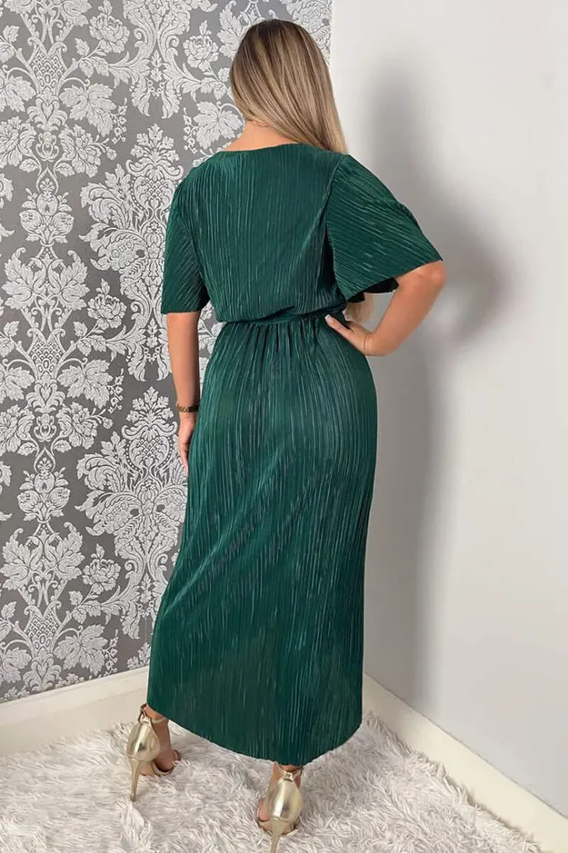 AX Paris Green Wrap Top Belted Short Sleeve Plisse Midi Dress Women Dresses