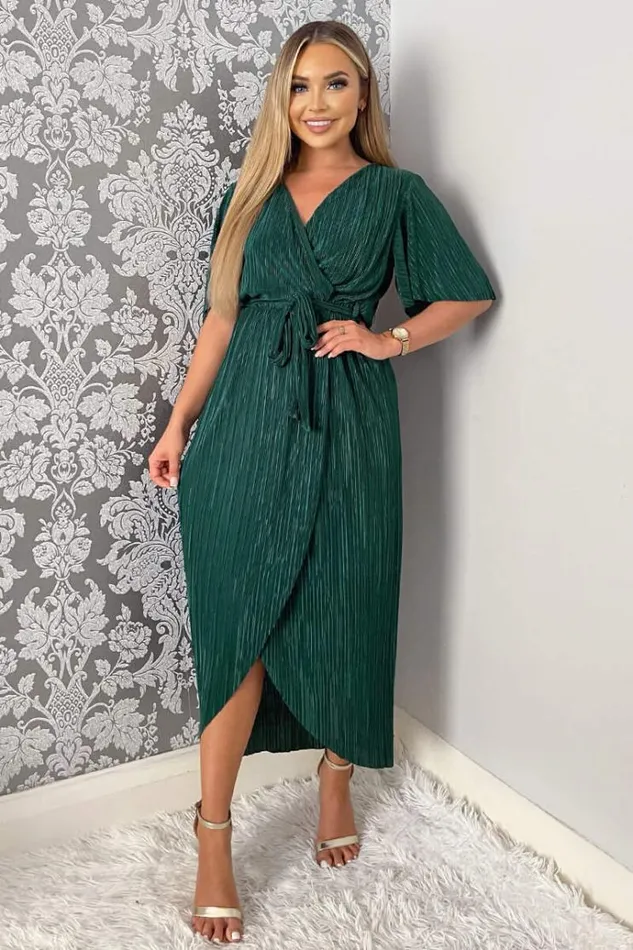 AX Paris Green Wrap Top Belted Short Sleeve Plisse Midi Dress Women Dresses