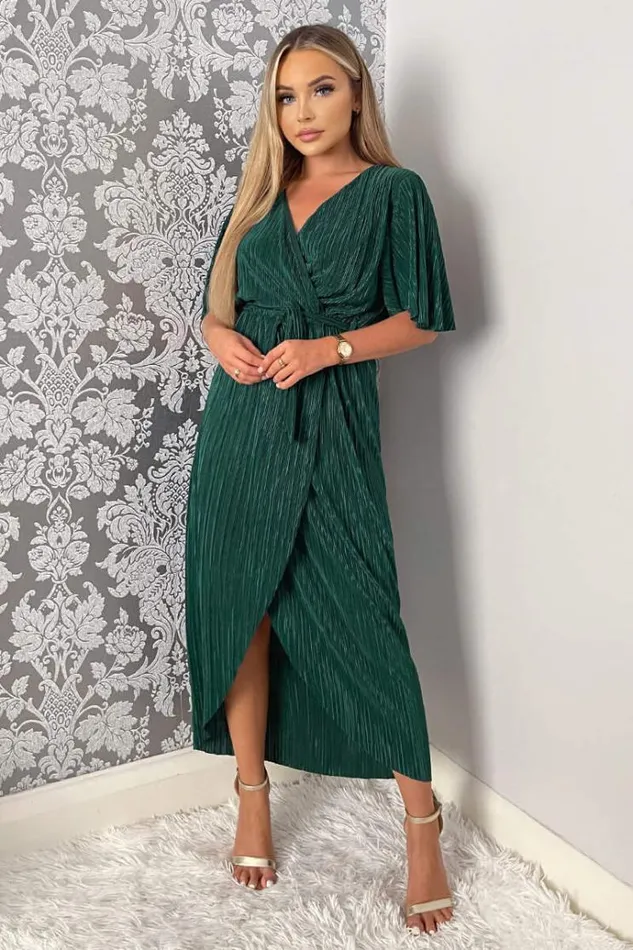 AX Paris Green Wrap Top Belted Short Sleeve Plisse Midi Dress Women Dresses