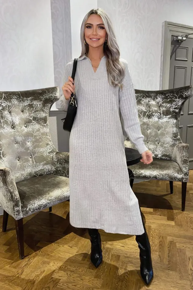 AX Paris Grey Knit Long Sleeve Collared Midi Dress Women Dresses